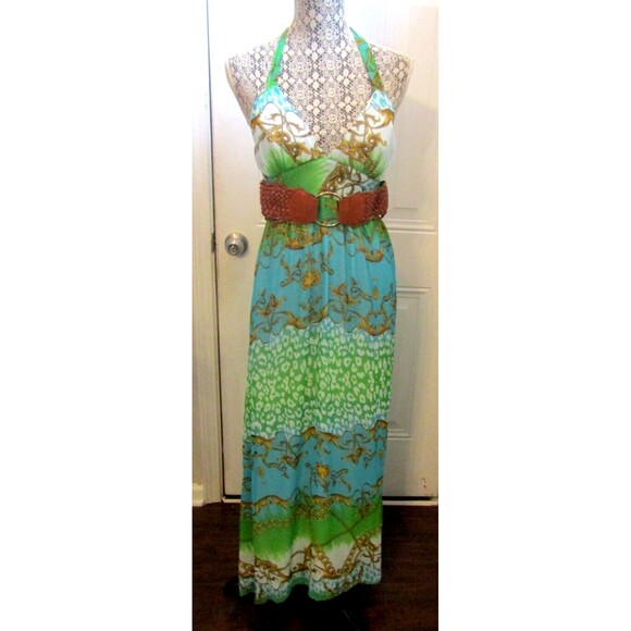 2B Bebe Monique Maxi Dress Belted Halter Top Lined Blue Green NWT Size XS - Picture 1 of 8